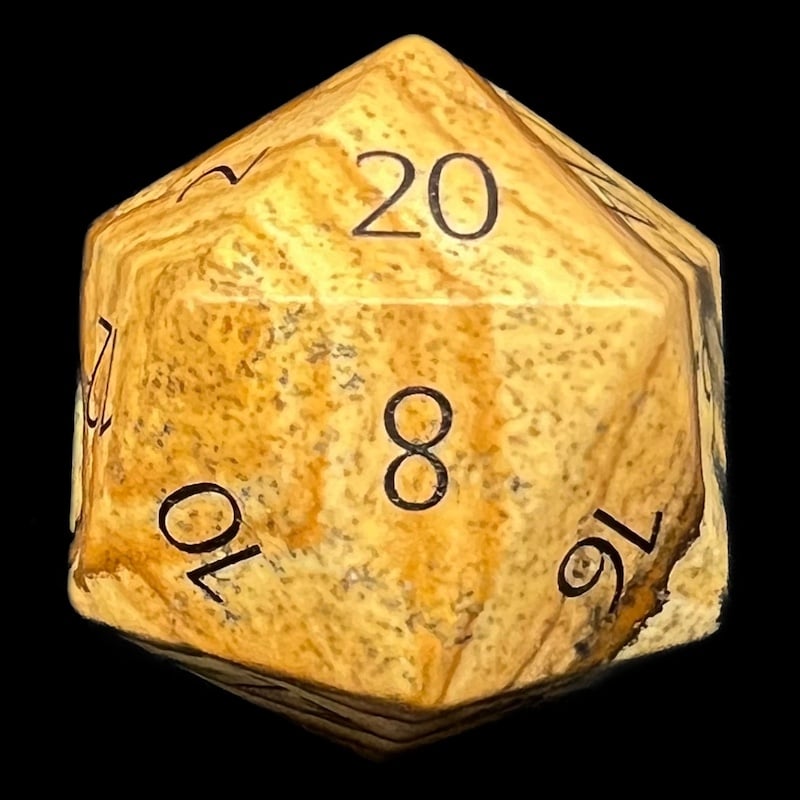 TDSO Gemstone Jasper Picture & Black D20 Dice