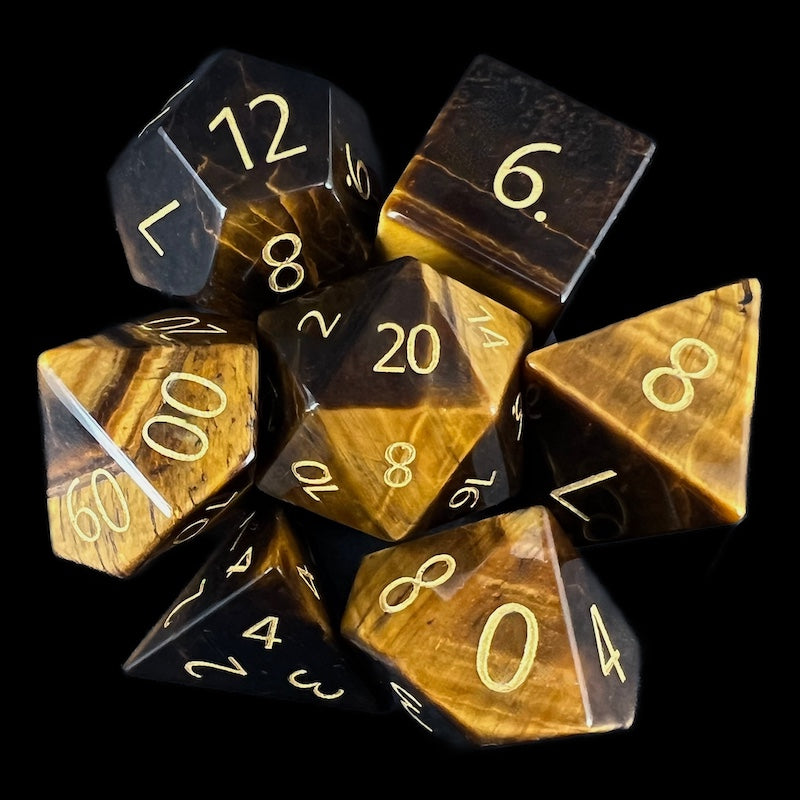 TDSO Gemstone Tiger Eye Gold & Gold 7 Dice Polyset In Padded Case