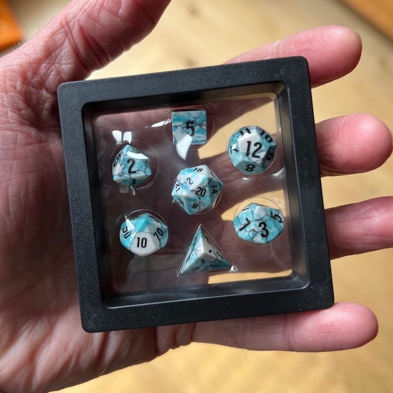 TDSO Gemstone Turquoise Synthetic Blue & White with Black MINI 7 Dice Polyset