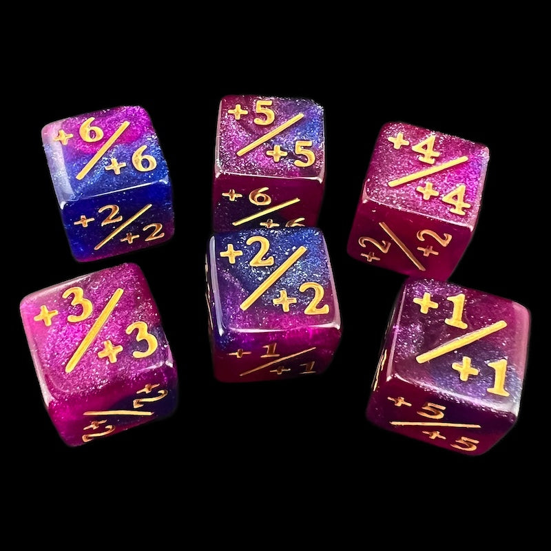 TDSO Glitter Blue & Purple with Gold Positive Counter 6 x D6 Dice Set