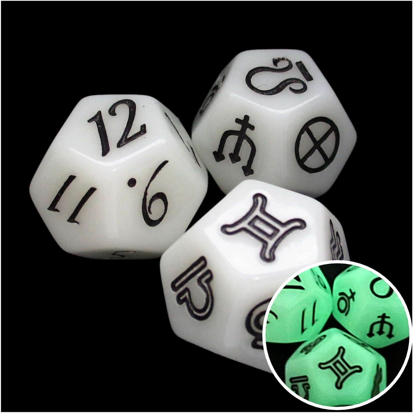 TDSO Glow In Dark Astrology Constellation Divination 3 x D12 Dice Set