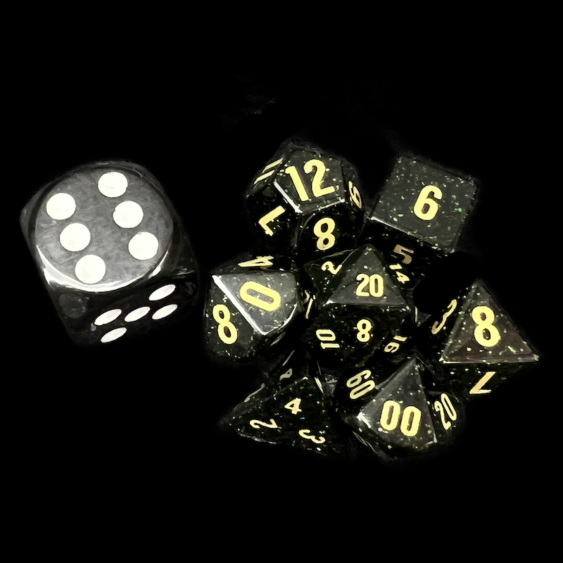 TDSO Gemstone Goldstone Green & Gold MINI 7 Dice Polyset