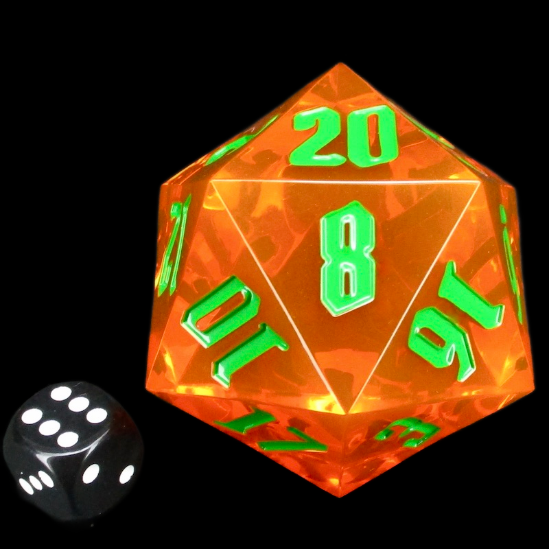 TDSO Hand Finished Gem Orange With Green MASSIVE 55mm D20 Dice