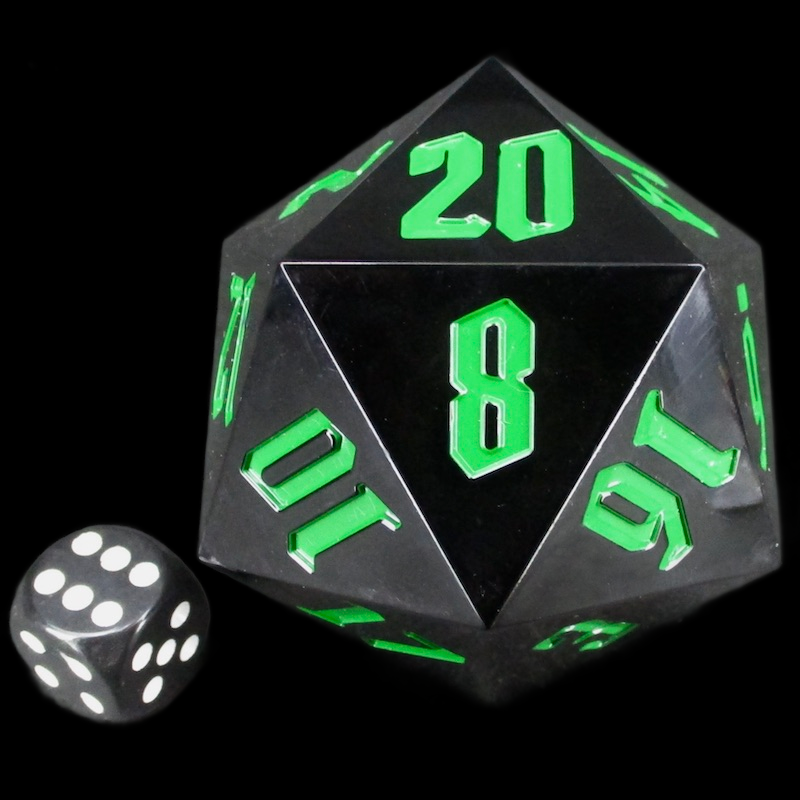 TDSO Hand Finished Opaque Black With Green MASSIVE 55mm D20 Dice