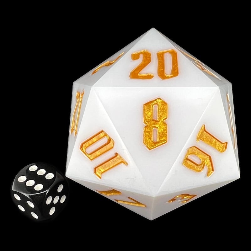 TDSO Hand Finished Opaque White With Gold MASSIVE 55mm D20 Dice