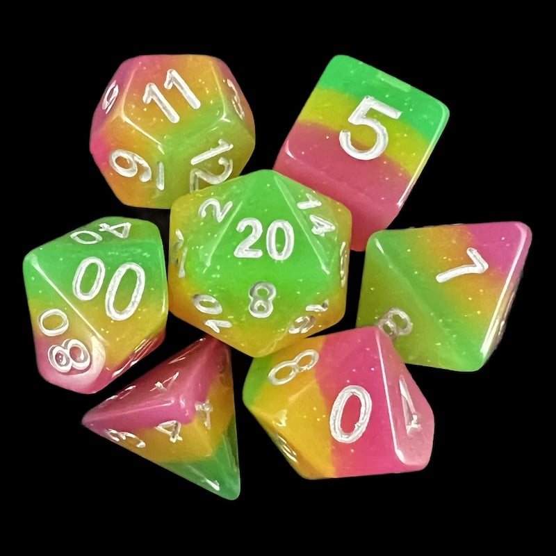 TDSO Layer Green Rose & Yellow Glitter 7 Dice Polyset