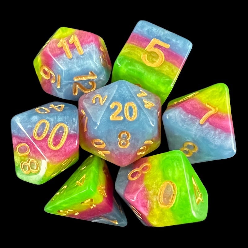 TDSO Layer Green Yellow Rose & Blue 7 Dice Polyset