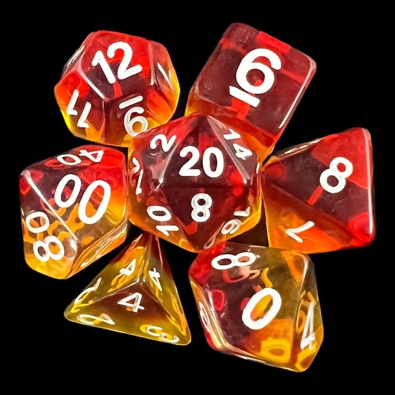 TDSO Layer Transparent Red White & Yellow 7 Dice Polyset