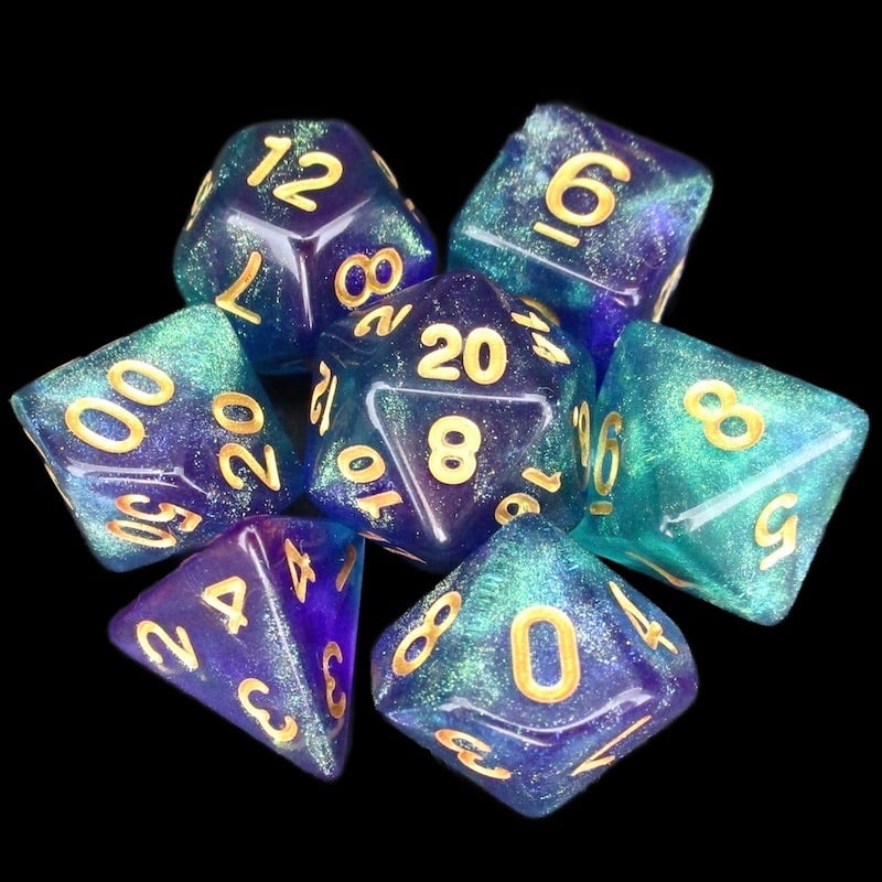 TDSO Light Reactive Blue & Green with Gold 7 Dice Polyset