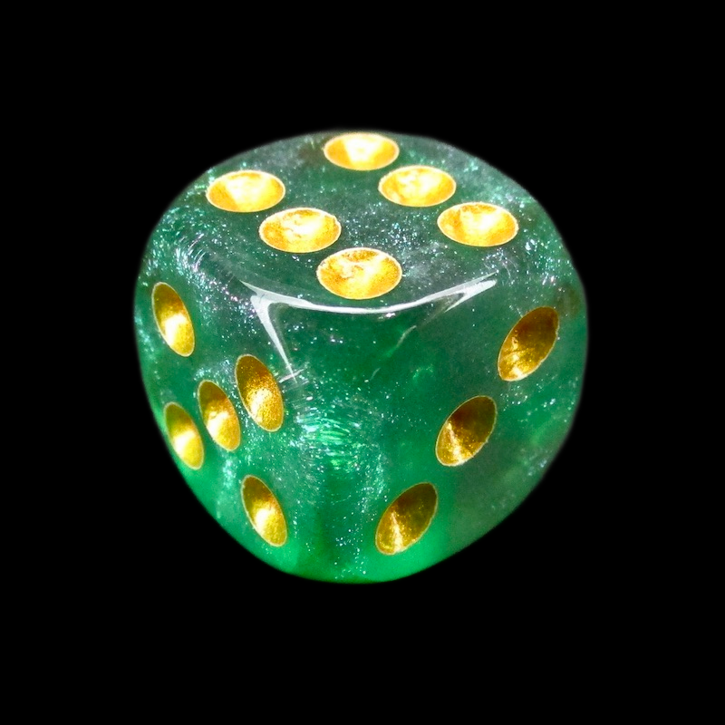 TDSO Light Reactive Green & Grey with Gold 16mm D6 Spot Dice