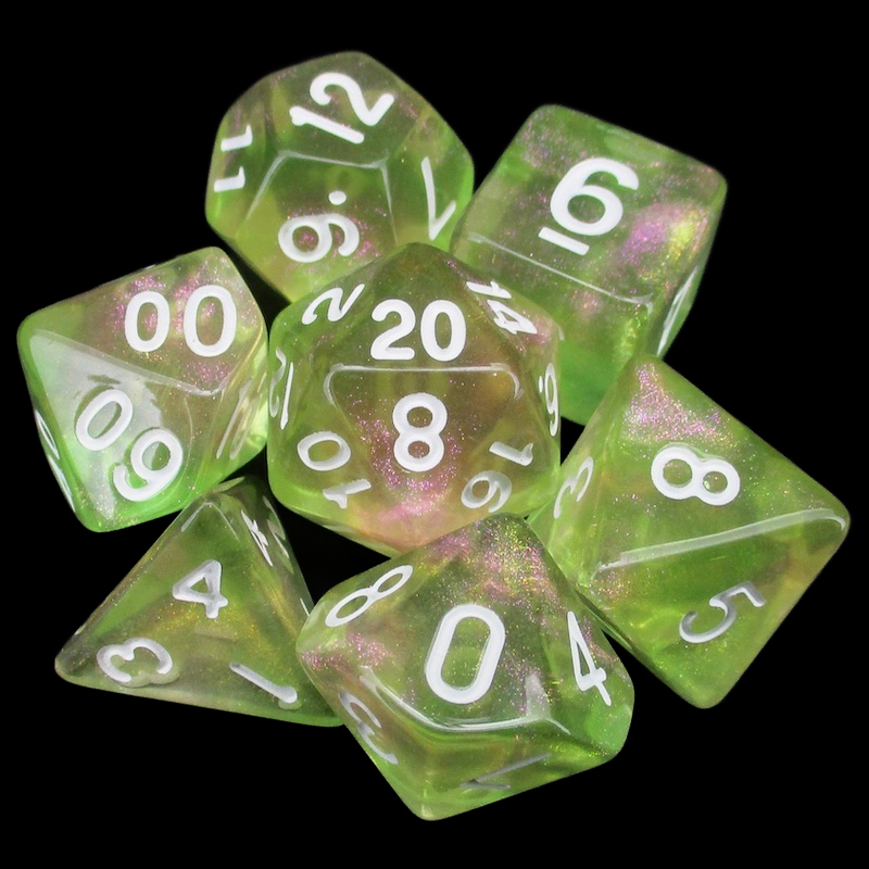 TDSO Light Reactive Green & Pink with White 7 Dice Polyset