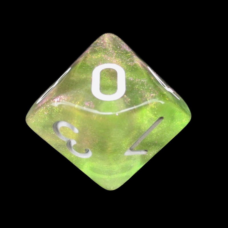 TDSO Light Reactive Green & Pink with White D10 Dice