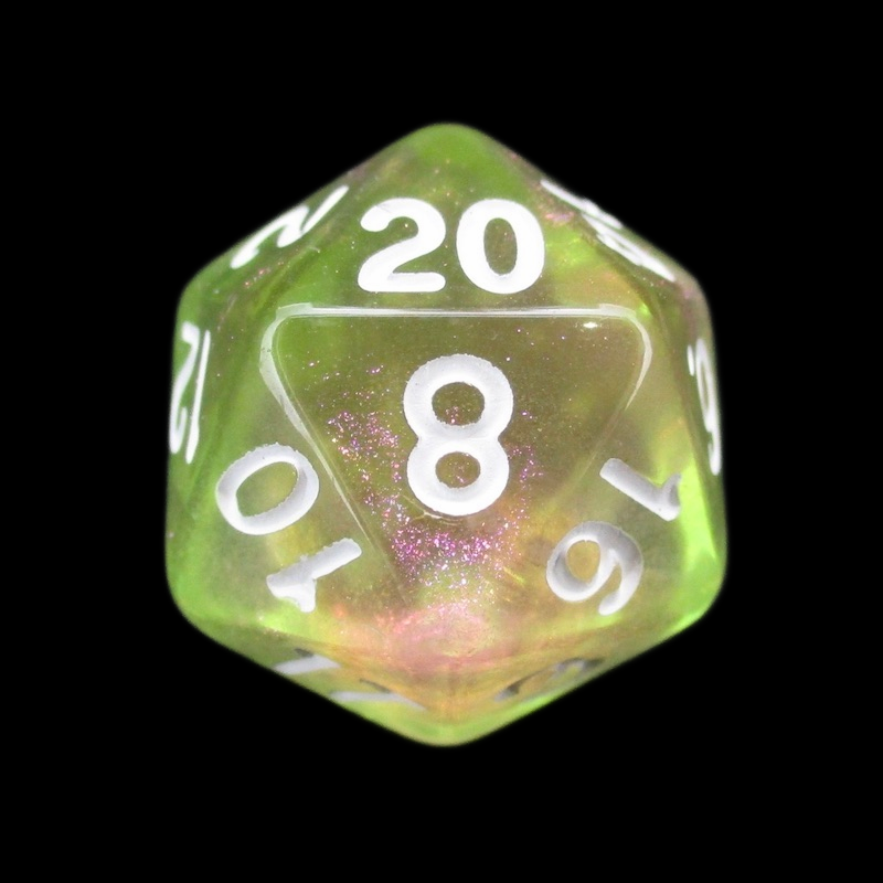 TDSO Light Reactive Green & Pink with White D20 Dice
