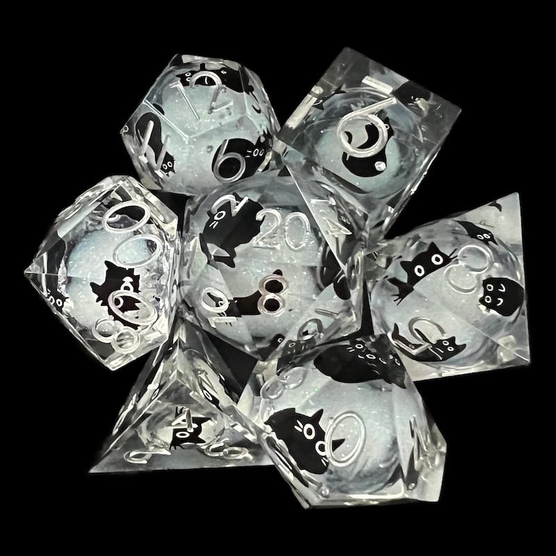 TDSO Liquid Core Black Cat With Silver 7 Dice Polyset