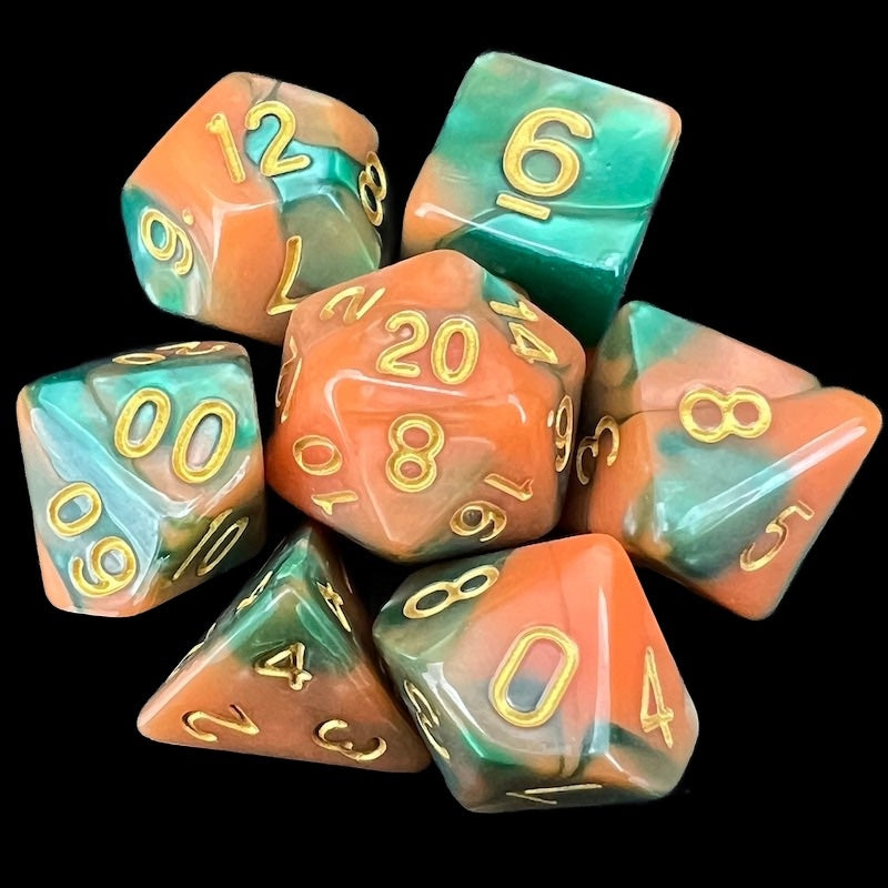 TDSO Marble Green & Orange 7 Dice Polyset