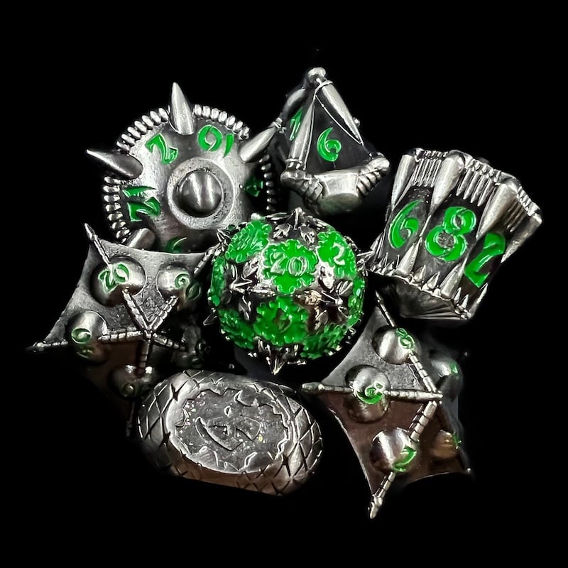 TDSO Metal Ancient Dragon Antique Silver & Green Unusually Shaped 7 Dice Polyset