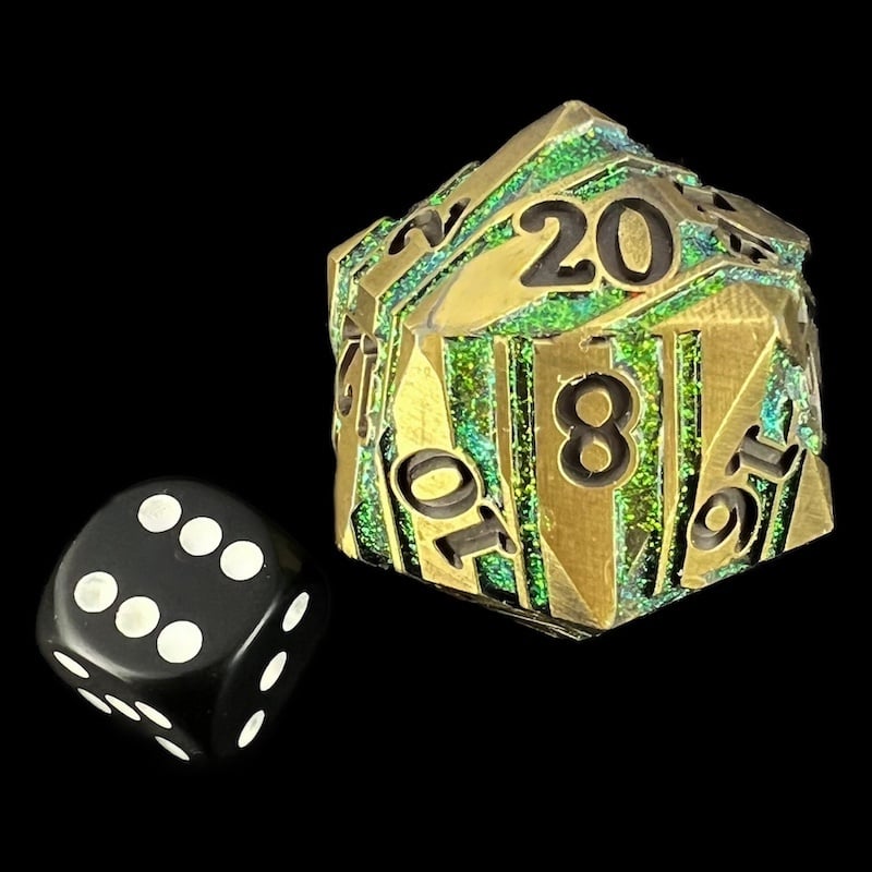 TDSO Metal Antique Gold & Green Mica With Black 34mm D20 Dice