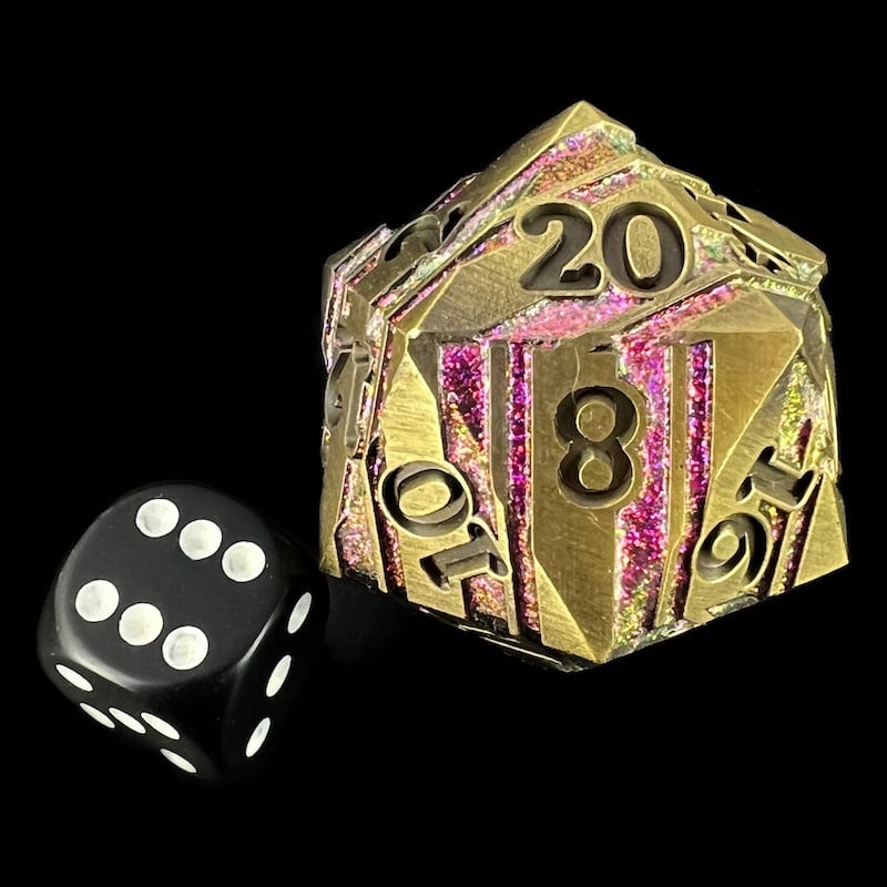 TDSO Metal Antique Gold & Purple Mica With Black 34mm D20 Dice