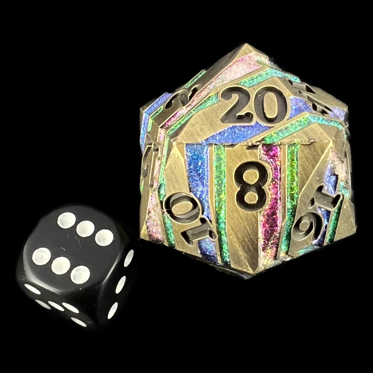 TDSO Metal Antique Gold & Rainbow Mica With Black 34mm D20 Dice