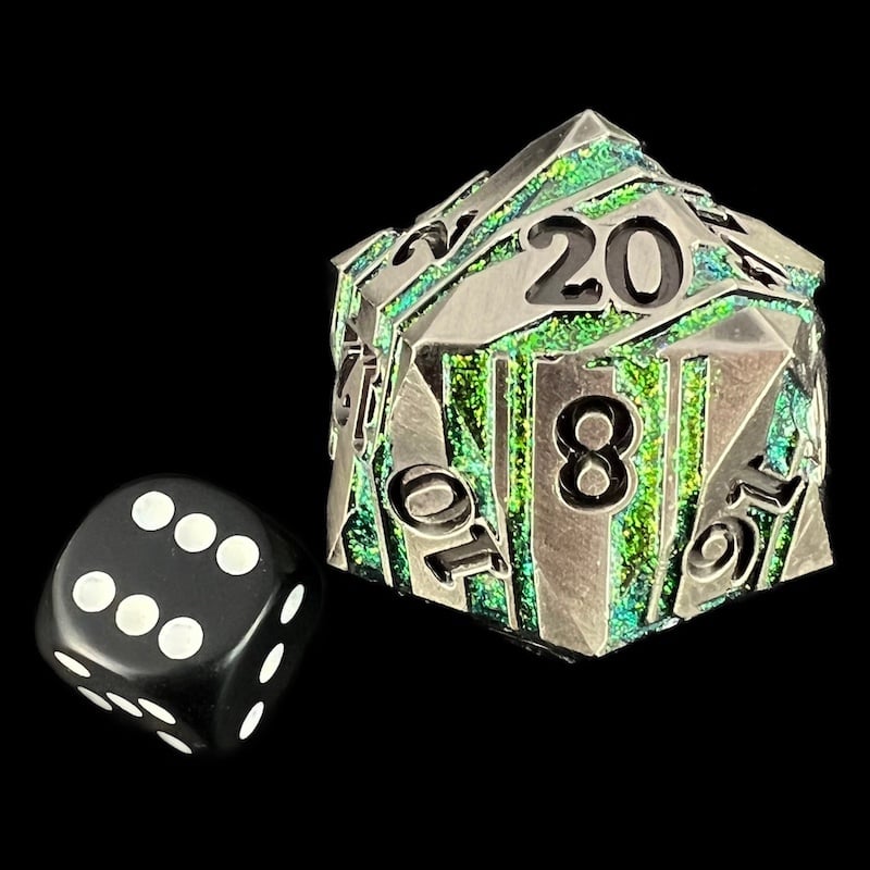 TDSO Metal Antique Silver & Green Mica With Black 34mm D20 Dice