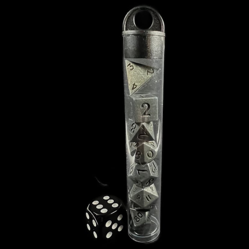 TDSO Metal Antique Silver MINI 10mm 7 Dice Polyset in Tube