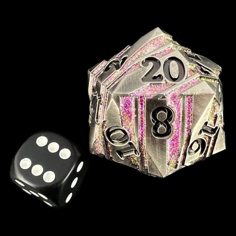 TDSO Metal Antique Silver & Purple Mica With Black 34mm D20 Dice
