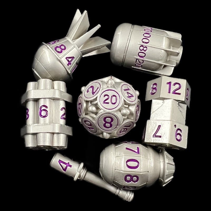 TDSO Metal Bomb Satin Silver With Purple 7 Dice Polyset