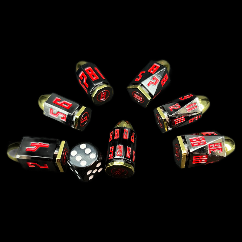 TDSO Metal Bullet Black Nickel & Gold with Red 7 Dice Polyset