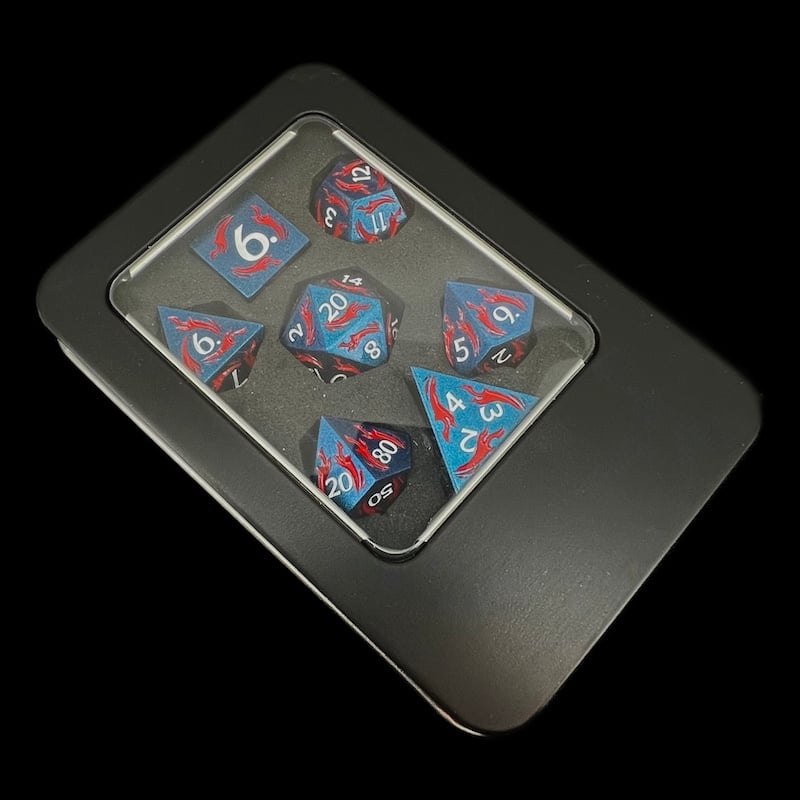 TDSO Metal Dagger Iridescent Blue & Red With White 7 Dice Polyset