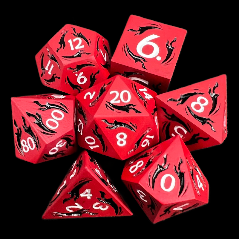 TDSO Metal Dagger Red & Black With White 7 Dice Polyset