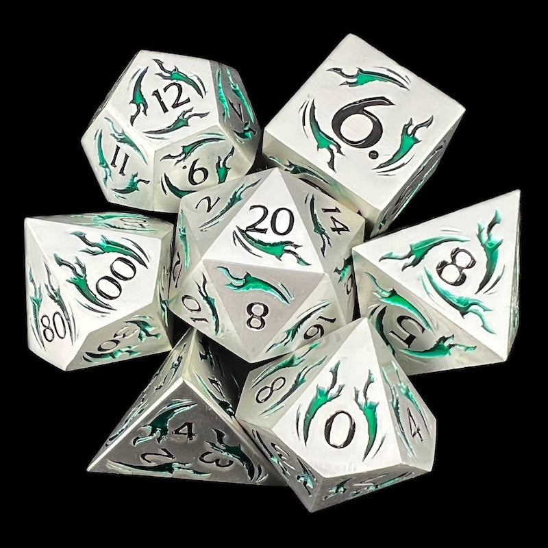 TDSO Metal Dagger Satin Silver & Green With Black 7 Dice Polyset
