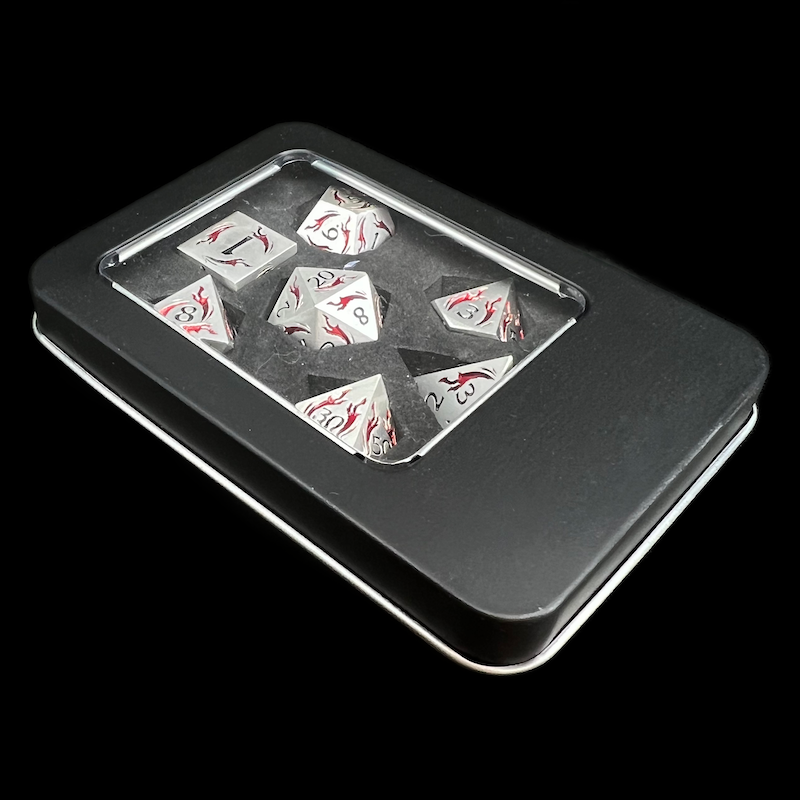 TDSO Metal Dagger Satin Silver & Red With Black 7 Dice Polyset