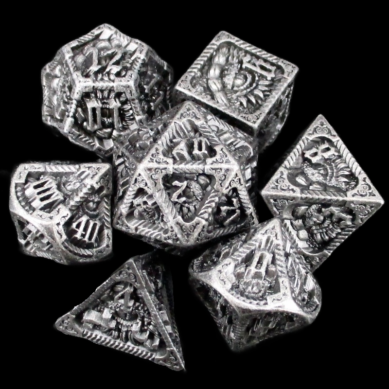 TDSO Metal Dragon Ancient Silver 7 Dice Polyset in Tin