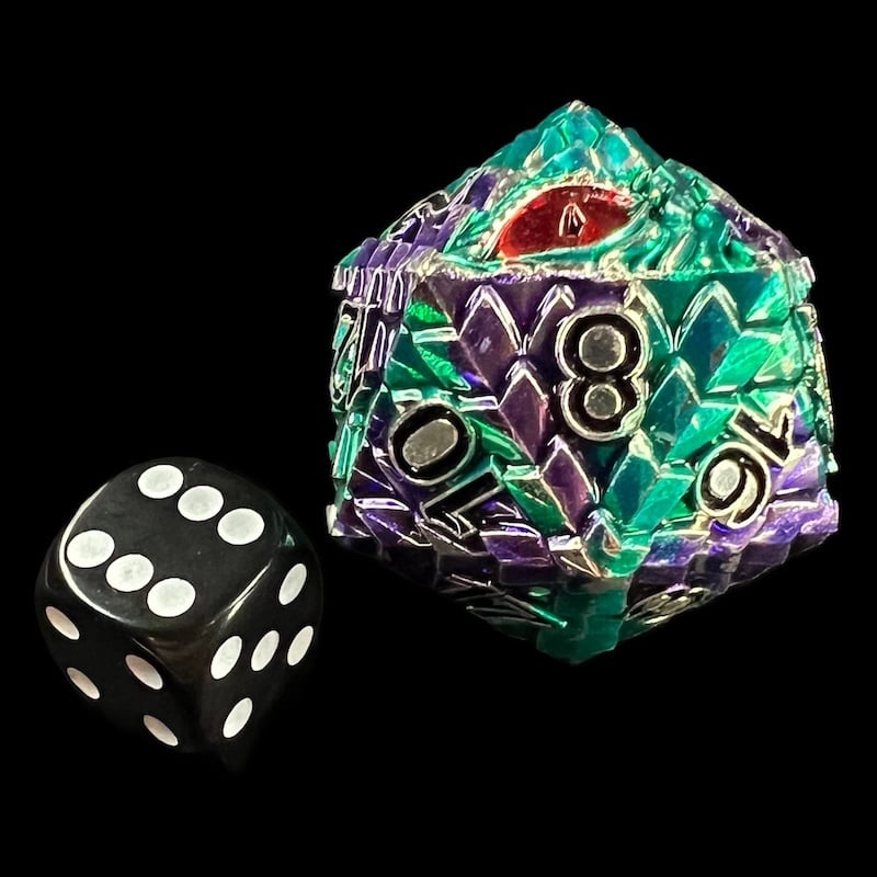 TDSO Metal Dragon Eye Green & Purple Jumbo 34mm D20 Dice
