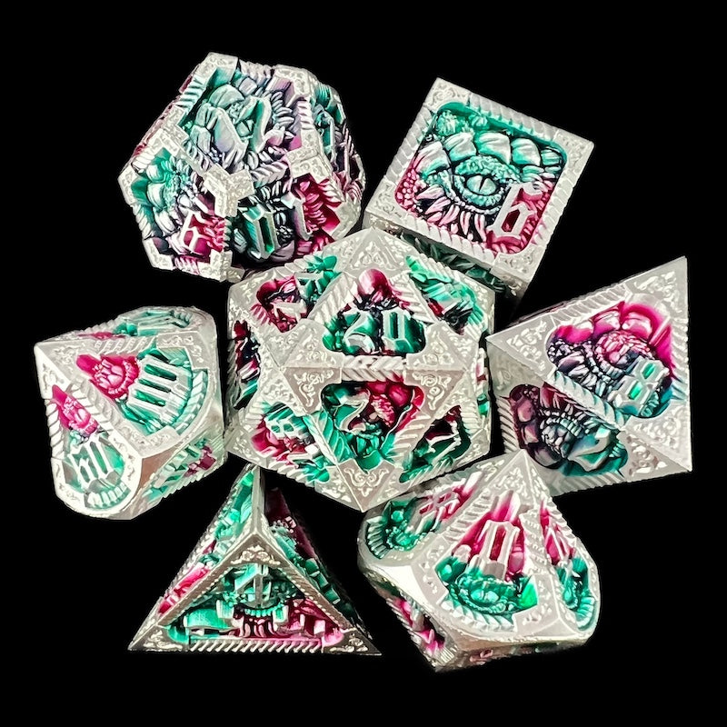 TDSO Metal Dragon Era Silver & Green/Purple 7 Dice Polyset