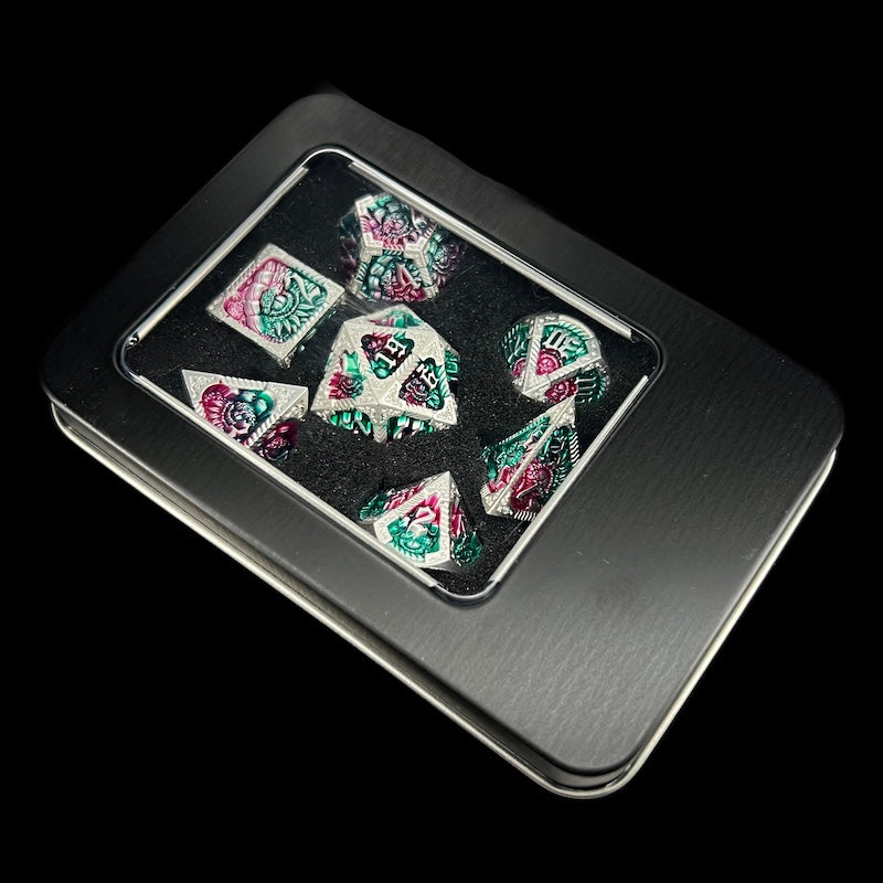 TDSO Metal Dragon Era Silver & Green/Purple 7 Dice Polyset