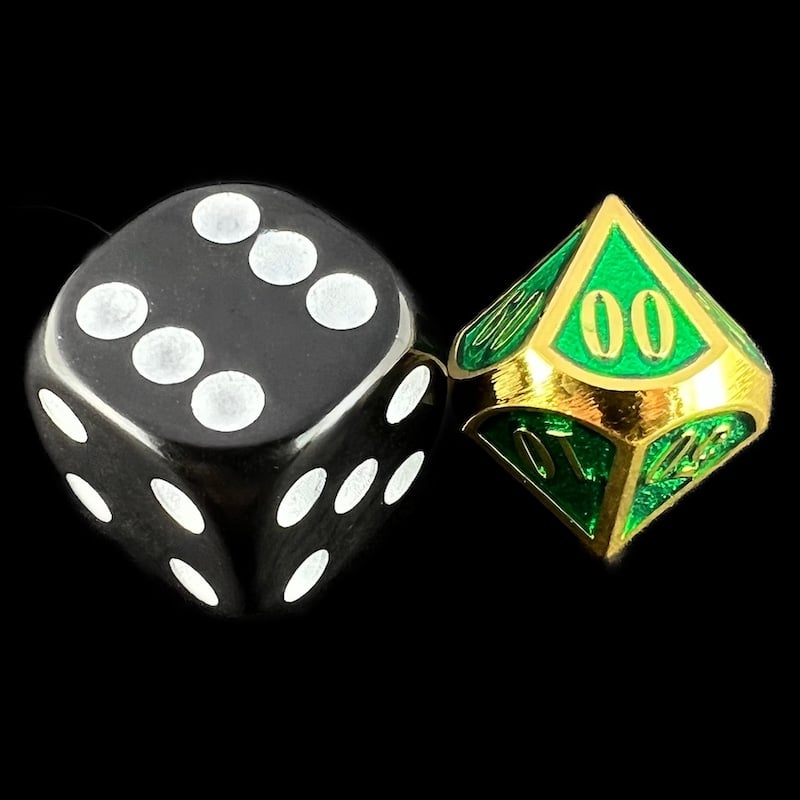 CLEARANCE TDSO Metal Fire Forge Gold & Green MINI 12mm Percentile Dice