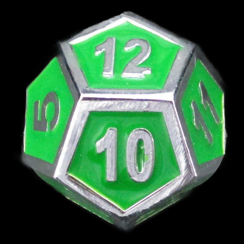 TDSO Metal Fire Forge Silver & Green Enamel D12 Dice