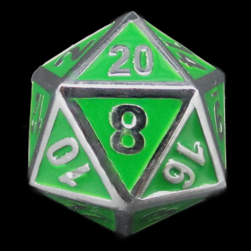 TDSO Metal Fire Forge Silver & Green Enamel D20 Dice