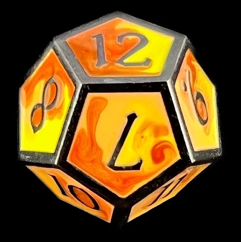 CLEARANCE TDSO Metal Fire Forged Multi Black Nickel Orange Red & Yellow D12 Dice