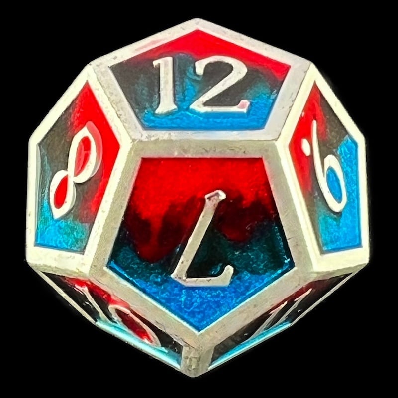 CLEARANCE TDSO Metal Fire Forged Multi Colour Silver Black Blue & Red D12 Dice