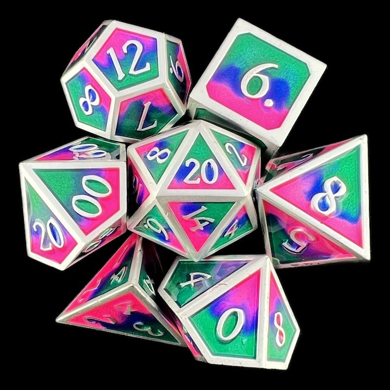 CLEARANCE TDSO Metal Fire Forged Multi Colour Silver Blue Green & Pink 7 Dice Polyset