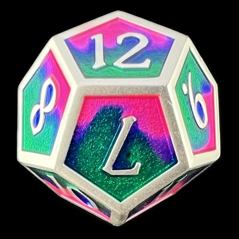 CLEARANCE TDSO Metal Fire Forged Multi Colour Silver Blue Green & Pink D12 Dice