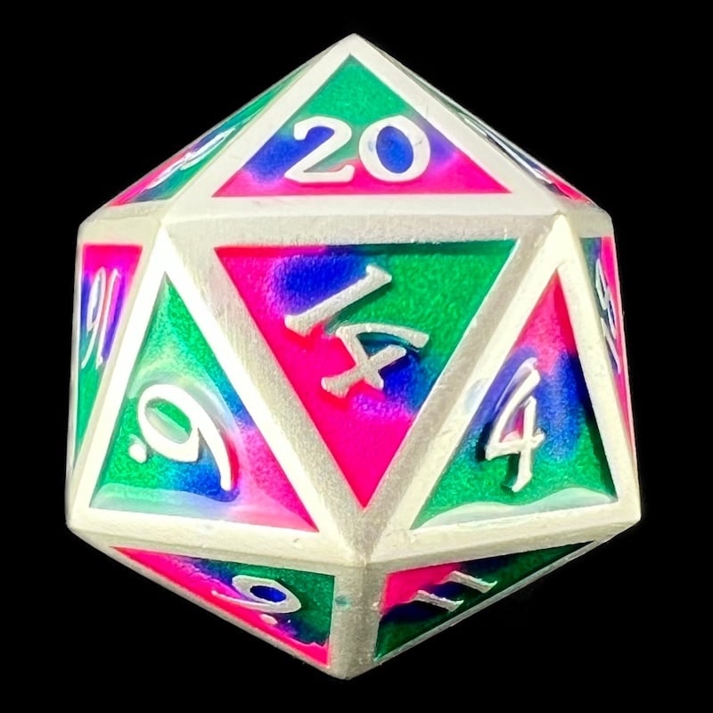 CLEARANCE TDSO Metal Fire Forged Multi Colour Silver Blue Green & Pink D20 Dice