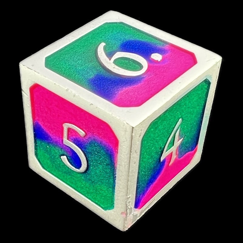 CLEARANCE TDSO Metal Fire Forged Multi Colour Silver Blue Green & Pink D6 Dice