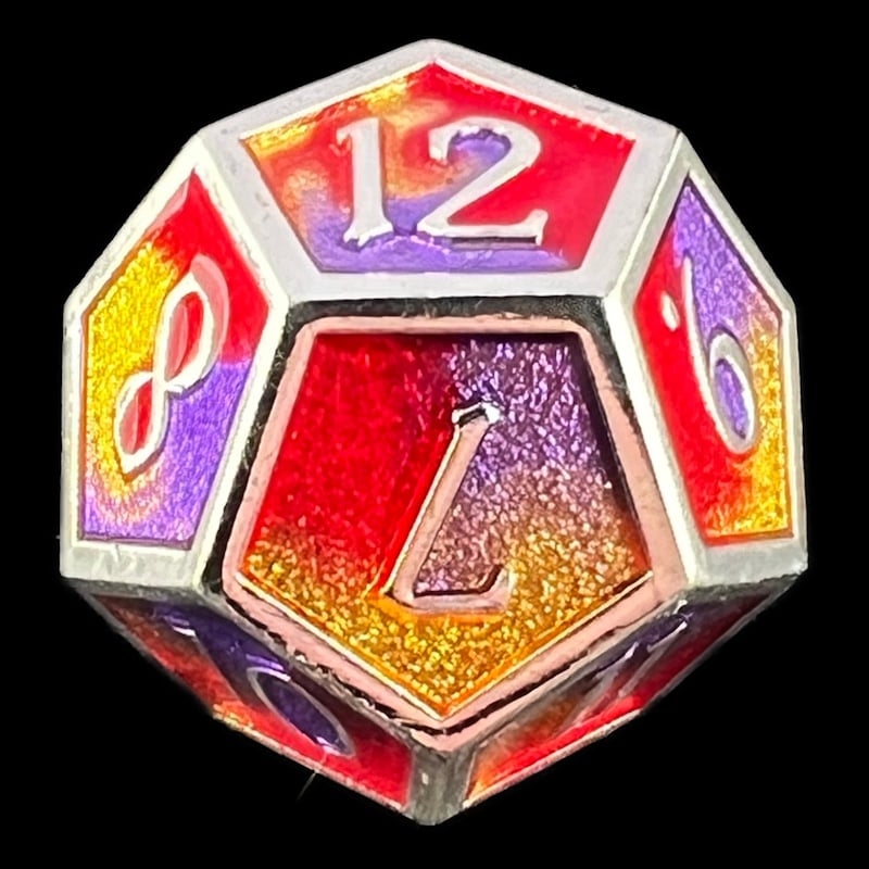CLEARANCE TDSO Metal Fire Forged Multi Colour Silver Gold Purple & Red D12 Dice