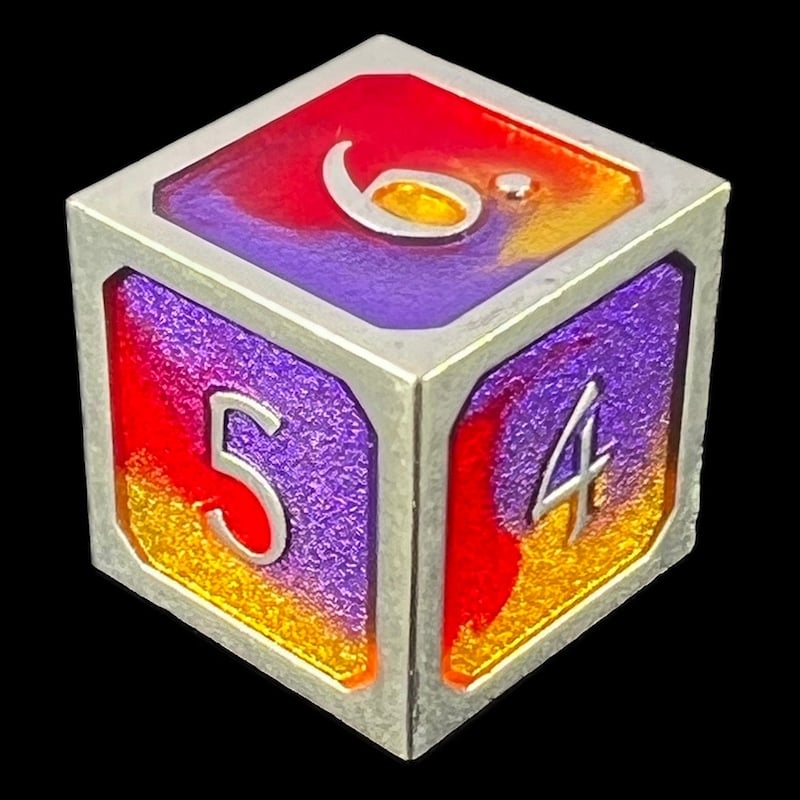 CLEARANCE TDSO Metal Fire Forged Multi Colour Silver Gold Purple & Red D6 Dice