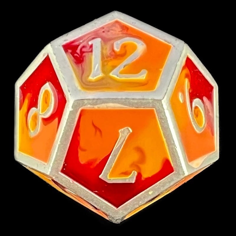 CLEARANCE TDSO Metal Fire Forged Multi Colour Silver Orange Red & Yellow D12 Dice