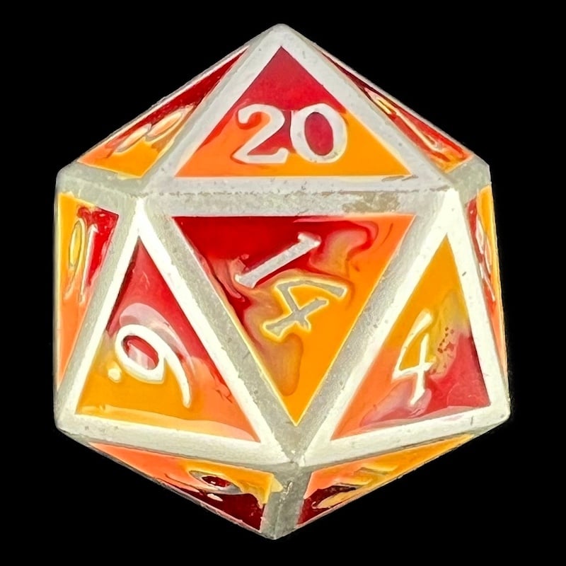 CLEARANCE TDSO Metal Fire Forged Multi Colour Silver Orange Red & Yellow D20 Dice