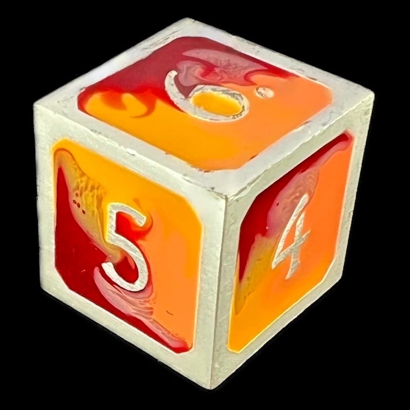 CLEARANCE TDSO Metal Fire Forged Multi Colour Silver Orange Red & Yellow D6 Dice